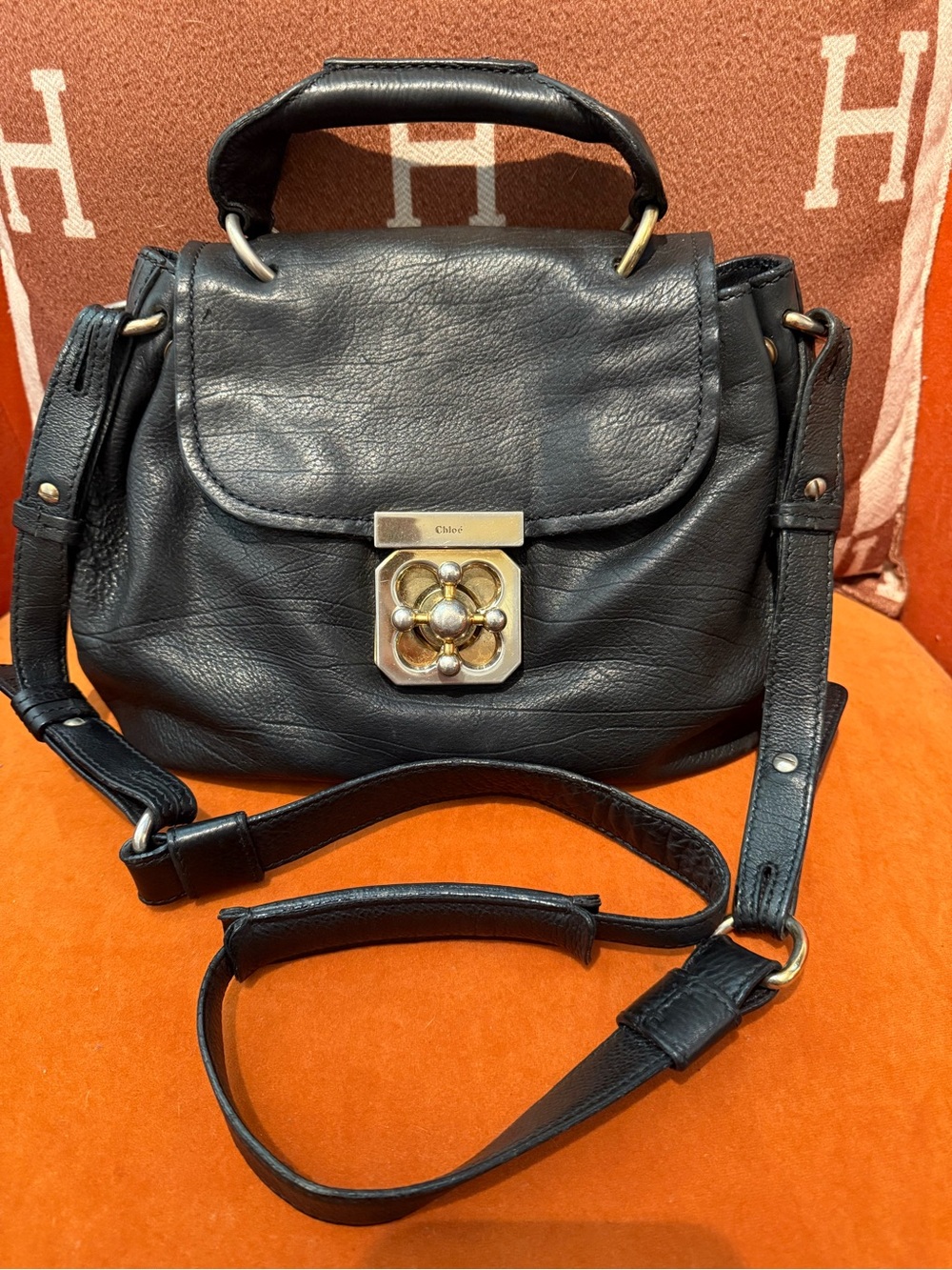 Chloe Black Leather Top-Handle Satchel with Gold-Tone Turn Lock